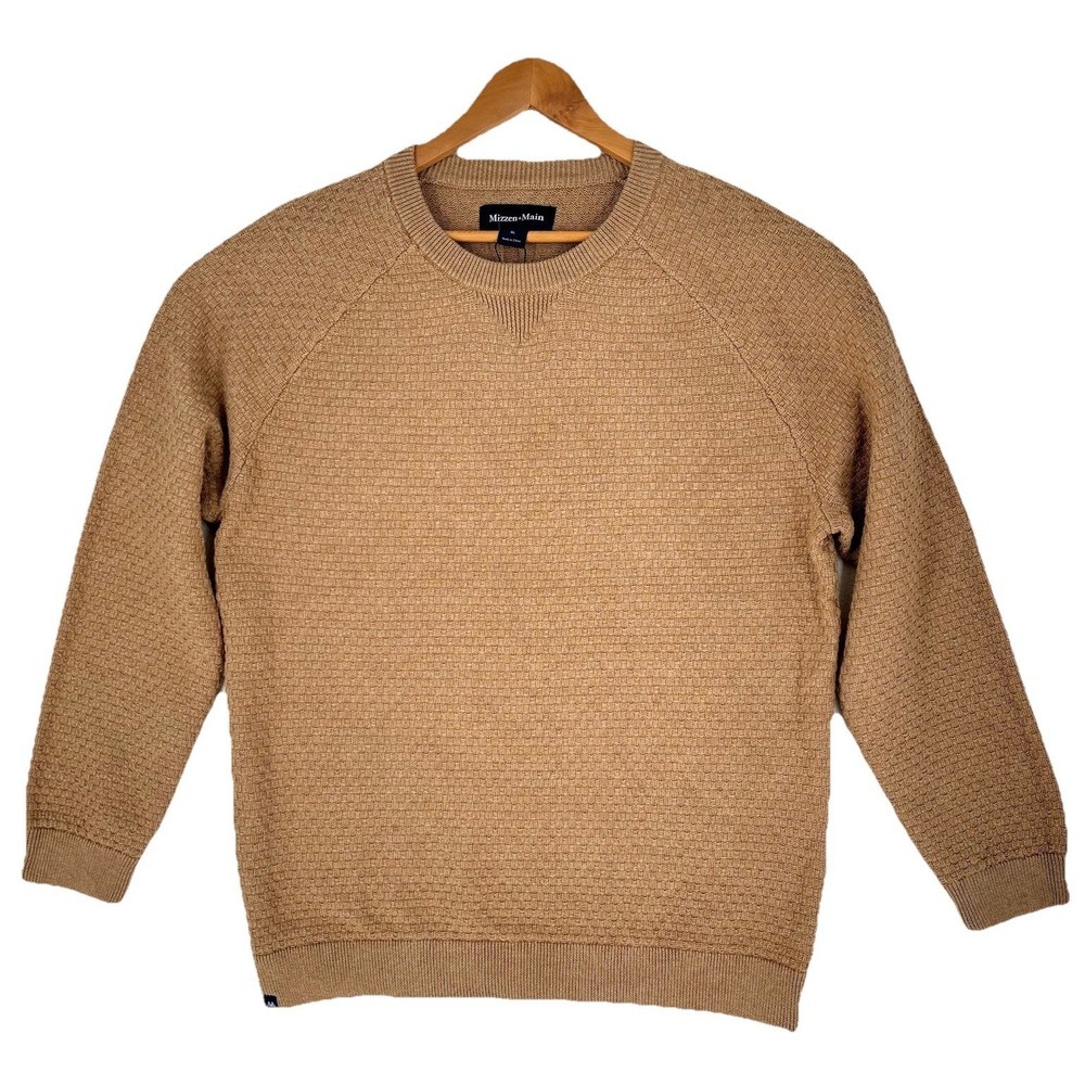New Mizzen + Main Wool Knit Textured Hillcrest Crewneck Sweater Heather Beige XL